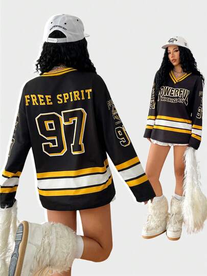 Coolane Women's  Fall/Winter Casual  Ricing Sportswear Number Graphics  Black Over Size  Long Sleeve  Jersey T Shirt