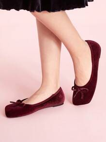 CUCCOO DOLLMOD Plus Size Rhombic Toe Flat Burgundy Red Suede Bow Decor Cute Flat Shoes, Minimalist Style For Women, Autumn/Winter New Year Holiday Valentines