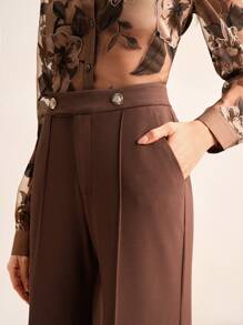 Anewsta Fashionable & Versatile Women Metal Buckle Flare Leg Pants, Business Casual Spring/Summer - Mocha Brown - View 3