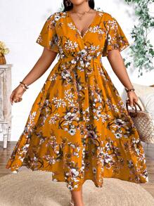 Breezaya Plus Size Boho Floral Print Dress For Vacation, For Summer - Orange - View 3