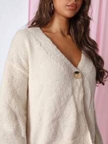 COSMINA Women Solid Color Drop Shoulder Long Sleeve Loose Casual Cardigan, Autumn/Winter - Apricot - View 3