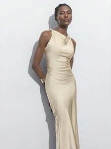 Maija Women's Sleeveless Pleated Neck Solid Color Dress, Elegant For Autumn,White Graduation Dress - Champagne - View 3