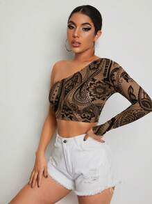 SHEIN BAE Top corto con un hombro de malla con flocado - Multicolor - Ver 3