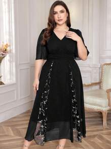 Modelyn Plus Size Elegant Embroidered Mesh Patchwork Dress - Black - View 4