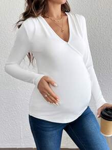 SHEIN 孕妇纯色 V 领长袖褶皱修身 T 恤