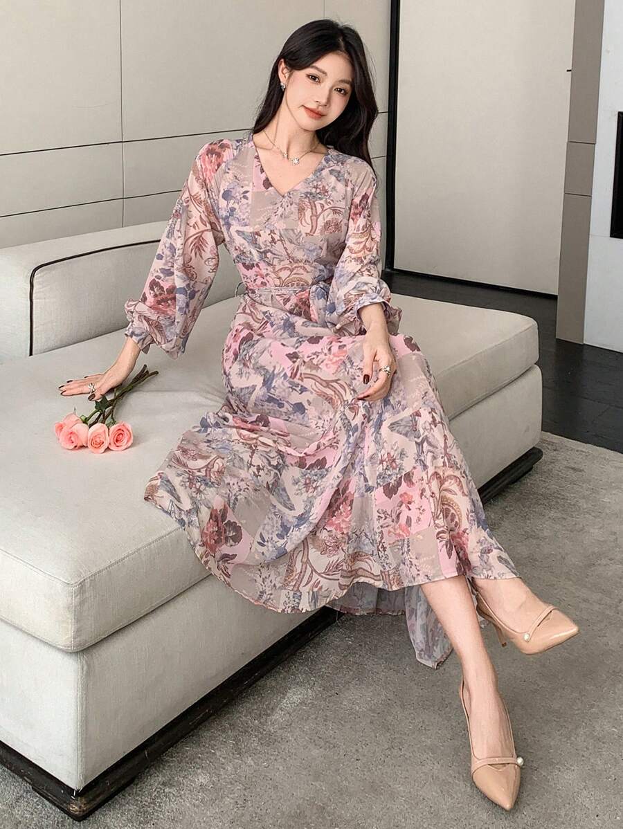 DAZY 女士碎花拼接长袖中长连衣裙，春秋季度假装扮，复活节波西米亚风 - 彩色 - 查看 1