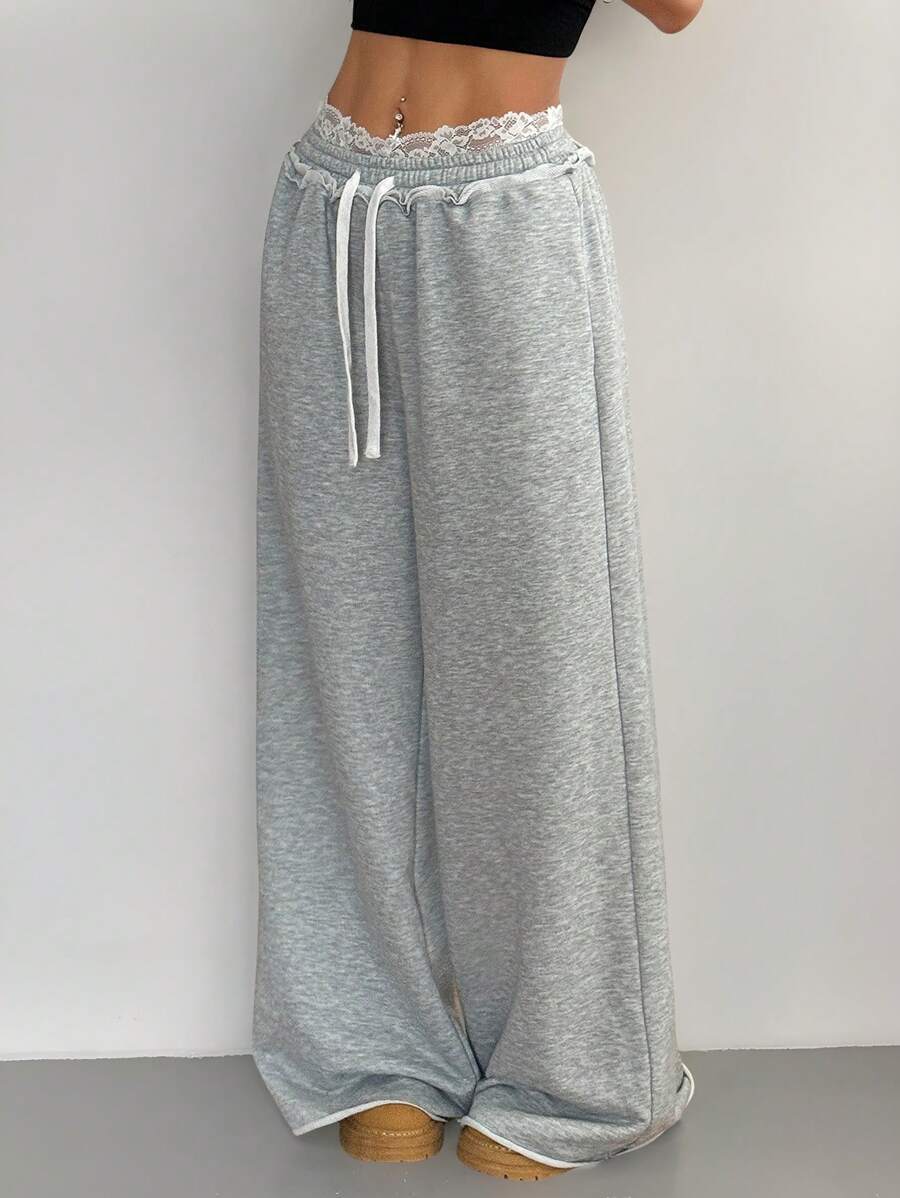 SHEIN EZwear Quần nỉ ống rộng phối ren vá dành cho nữ mùa thu/đông - Xám - Xem 1