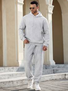 Manfinity Homme Plus Size Men Solid Color Drawstring Hooded Sweatshirt And Sweatpants Set, Casual - Grey - View 4