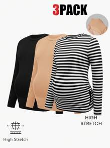 SHEIN 3pcs/Set Maternity Casual Cropped Long Sleeve Round Neck Simple Pattern T-Shirts, Autumn Knit - Khaki - View 1