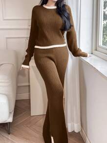 Mulvari 2pcs Women Casual Contrast Color Trim Sweater & Pants Set, Autumn/Winter 2 Pieces Set