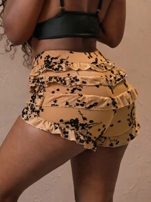 Slaydiva Novo estilo casual de rua, estilo doce e apimentado Y2K, shorts femininos de cintura alta com saia em camadas, em malha flockada de ajuste justo, tecido de tule super mini - Caqui - Visão 2