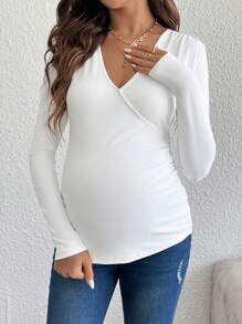 SHEIN 孕妇纯色 V 领长袖褶皱修身 T 恤