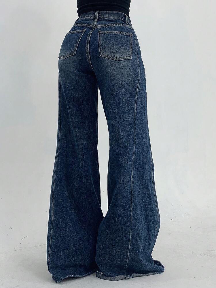Women's Front Button Pocket Simple Casual High-Waist Wide Leg Loose Jeans
