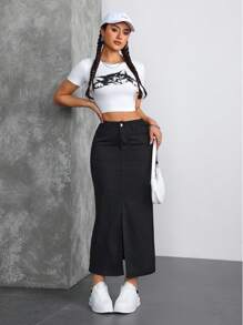 SHEIN Essnce Falda vaquera de línea A con bolsillo delantero liso, botones y bajo con abertura casual para mujer