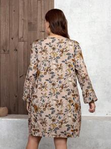 SHEIN LUNE Plus Size Women Vacation Floral Print Round Neck Lantern Sleeve Casual Dress Valentine's Day Dresses Party Dresses Everyday Dresses Resort Wear Women,Club Dress Sundress