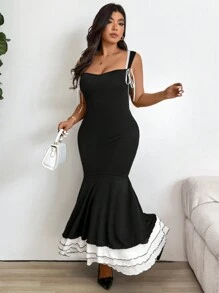 Celure Plus Size Women's Elegant Bodycon Spaghetti Strap Color Block Mermaid Maxi Dress With Bow For Summer