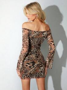 Easelle 女式豹纹透明露肩长袖性感迷你连衣裙 - 彩色 - 查看 3