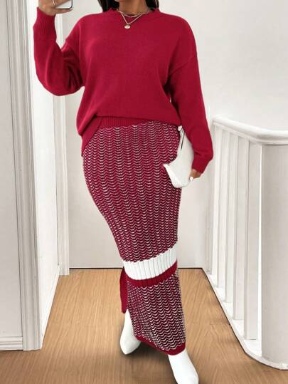 SHEIN Unity 大码纯色长袖毛衣和裙子套装