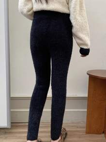 INAWLY Women Solid Color Plush Fitted Pants, Autumn/Winter
