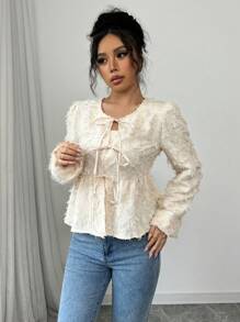 Chiquease Women's Elegant Bow Detail Jacquard Textured Fabric Long Sleeve Blouse Peplum Top - Apricot - View 6