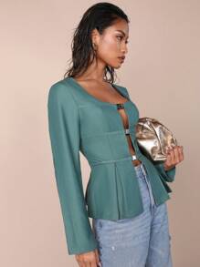 COSMINA Women's Solid Color Long Sleeve Casual Minimalist Top, For Daily Wear - Teal Blue - View 4