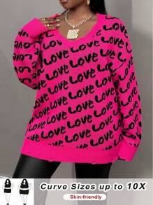 SHEIN CURVE+ Curve Plus Size Basic V-Neck Long Sleeve Heart Pattern Contrast Color Red Sweater, Autumn/Winter Knitted Top New Year's Party And Valentine's Day - Hot Pink - View 4