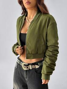 SHEIN EZwear Winter Cargo Athleisure Game Day Graphics Keep Warm Zip Up Army Green Loose Quilted Jacket, Bomberjack Dames