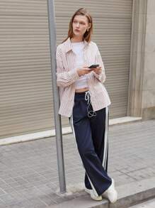Maija Women Side Striped Drawstring Waist Straight Loose Casual Pants,Festival