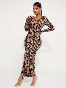 SHEIN SXY Geometric Print Long Sleeve Scoop Neck Figure Flattering Midi Dress, Autumn/Winter Season