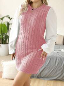 Celure Vestido de suéter versátil de unicolor de tejido de cable para mujer talla grande, 2 en 1 con mangas, otoño/invierno