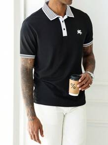 Manfinity Homme Men's Casual Colorblock Patchwork Knight Print Polo Shirt, For Golf - Black - View 5