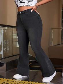 SHEIN ICON Plus Size Flared Washed Denim Pants - Black - View 4
