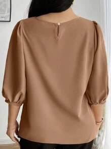 Camisa de manga abullonada de unicolor informal para otoño en tallas grandes - Amarillo - Ver 2