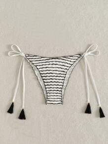 Swim Mod Textured Fabric Side-Tie Swimwear Bottoms For Women, Black & White, Summer Beach - Black and White - View 3
