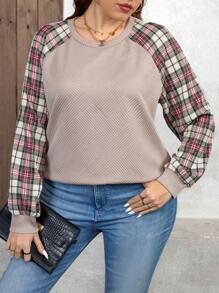 SHEIN LUNE 大码圆领格子拼接长袖卫衣情人节 - 彩色 - 查看 4