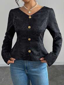 Chiquease Women Floral Textured Elegant Casual Long Sleeve Shirt, Suitable For Spring And Autumn