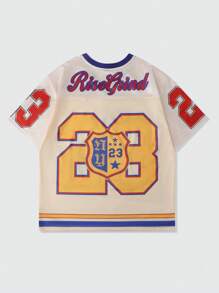 ROMWE MEN Prep Men's Mesh Patchwork Sports Short Sleeve Football Jersey Style T-Shirt, Athletic Jersey - Beige - View 2