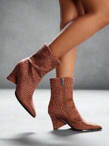 CUCCOO SZL Women's Pointed Toe Chunky Heel Sexy Stylish Versatile High Quality Design Leopard Print Party Snake Pattern Short Boots, Fashion Mid-Calf Boots - Multicolor - View 4