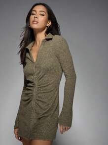 MISSGUIDED Ruched Button Down Mini Dress Long Sleeve Collared Irish-Themed Party Outfit St. Patrick's Day Celebration Ribbed Knit Fitted Evening Wear Lucky Charm Style