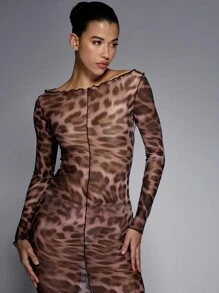 MISSGUIDED Leopard Print Sheer Mesh Exposed Seam Long Sleeves Boat Neck Bodycon Midaxi Dress - Multicolor - View 3