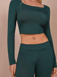 COSMINA 2pcs Women Leisure Simple Solid Color Cropped Top And Flared Pants Set