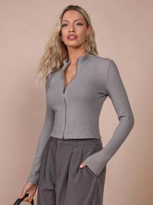 COSMINA Women's Solid Color Front Zipper Long Sleeve Casual Top, Daily Wear