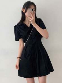DAZY 女式纯色泡泡袖修腰短裙，黑色，春夏，迷你衬衫裙，休闲女裙 - 黑色 - 查看 2