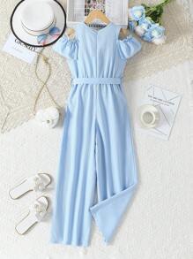 Tween Girls Elegant & Ruffle Trim Ribbed Knit Jumpsuit - Blue - View 2