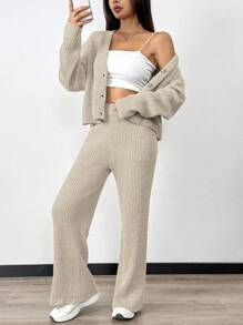 Chiquease Ribbed V-Neck Casual Knit Solid Color Commuter Fitted Skirt Suit