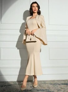 Modelyn 2pcs Women's Solid Color Long Sleeve Short Jacket & Slim Fit Solid Color Dress Set 2 Pieces Set - Apricot - View 4