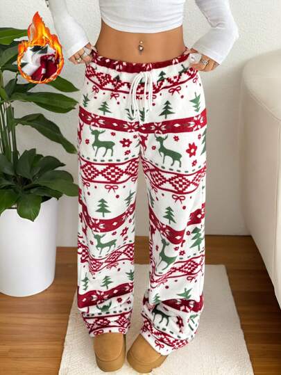 Flirla Pantalones rectos holgados cómodos para mujer con estampado gráfico de peluche navideño