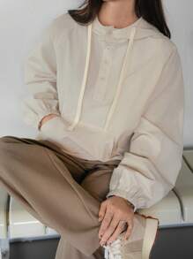 DAZY 女式宽松简约连帽长袖大口袋连帽衫，秋季女装运动衫 - 米色 - 查看 4