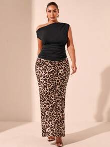 SHEIN BAE Blusa ajustada con cuello asimétrico y drapeado en negro sólido para talla grande, falda larga de línea A con acabado satinado en estampado de leopardo, sexy y elegante para una cita, té de la tarde, actividades al aire libre, adecuado para el verano y el Día de San Valentín