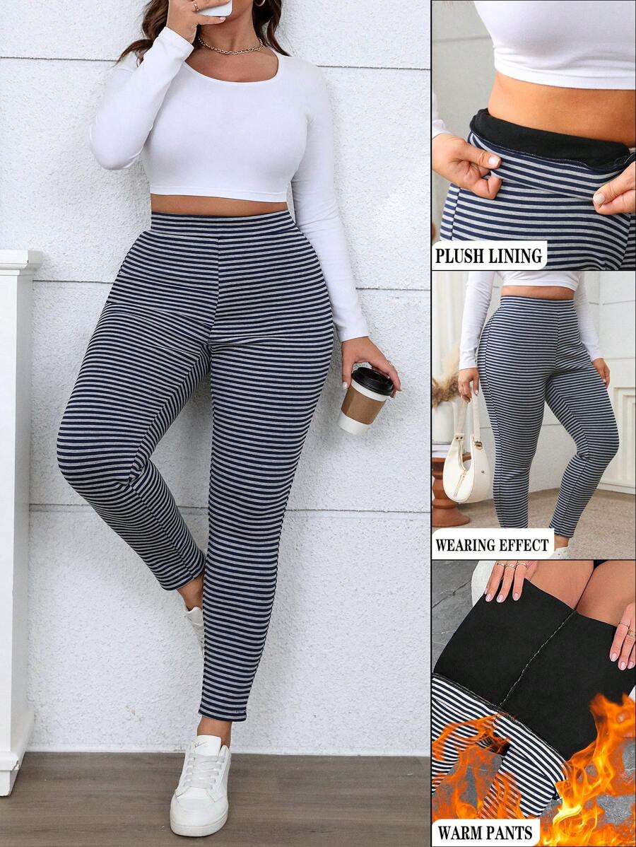 INAWLY Plus Size Knitted Striped Winter Snow Thermal Lined Sweatpants Combined With Leggings, Suitable For Autumn/Winter Fall Cloth For Women - Multicolor - View 1